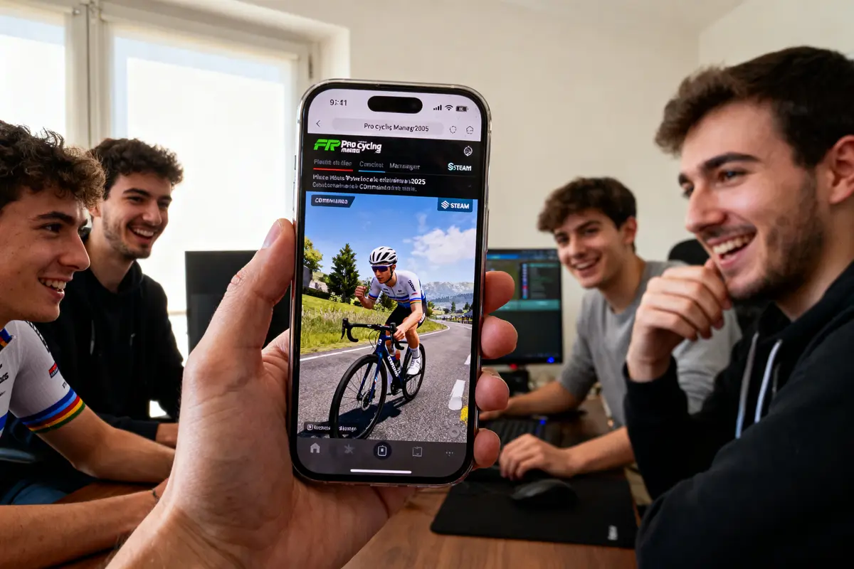 Un groupe de jeunes hommes souriants regarde un smartphone affichant un cycliste en jeu vidéo.