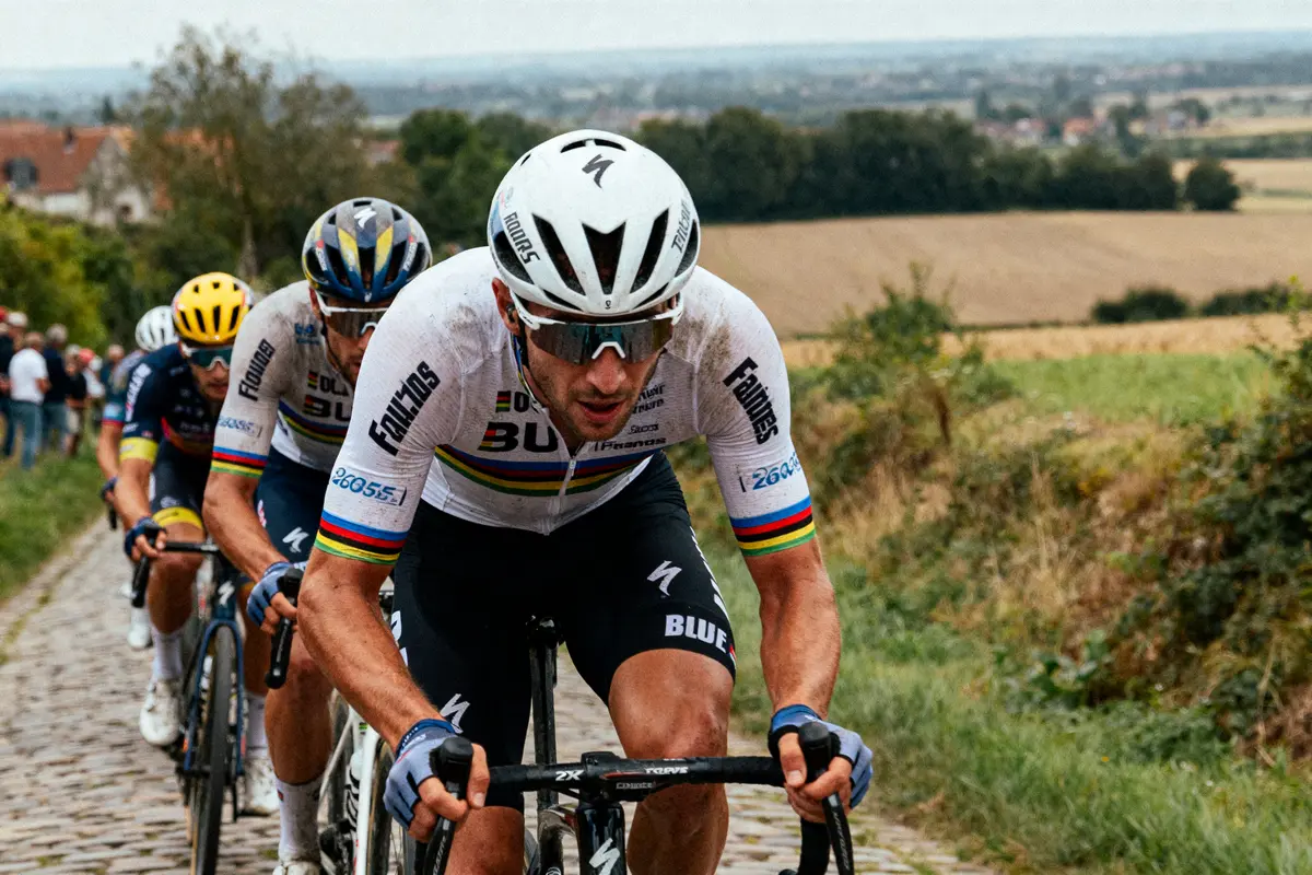 Cyclistes en compétition sur une route pavée lors du Tour des Flandres, entourés de spectateurs encouragés.