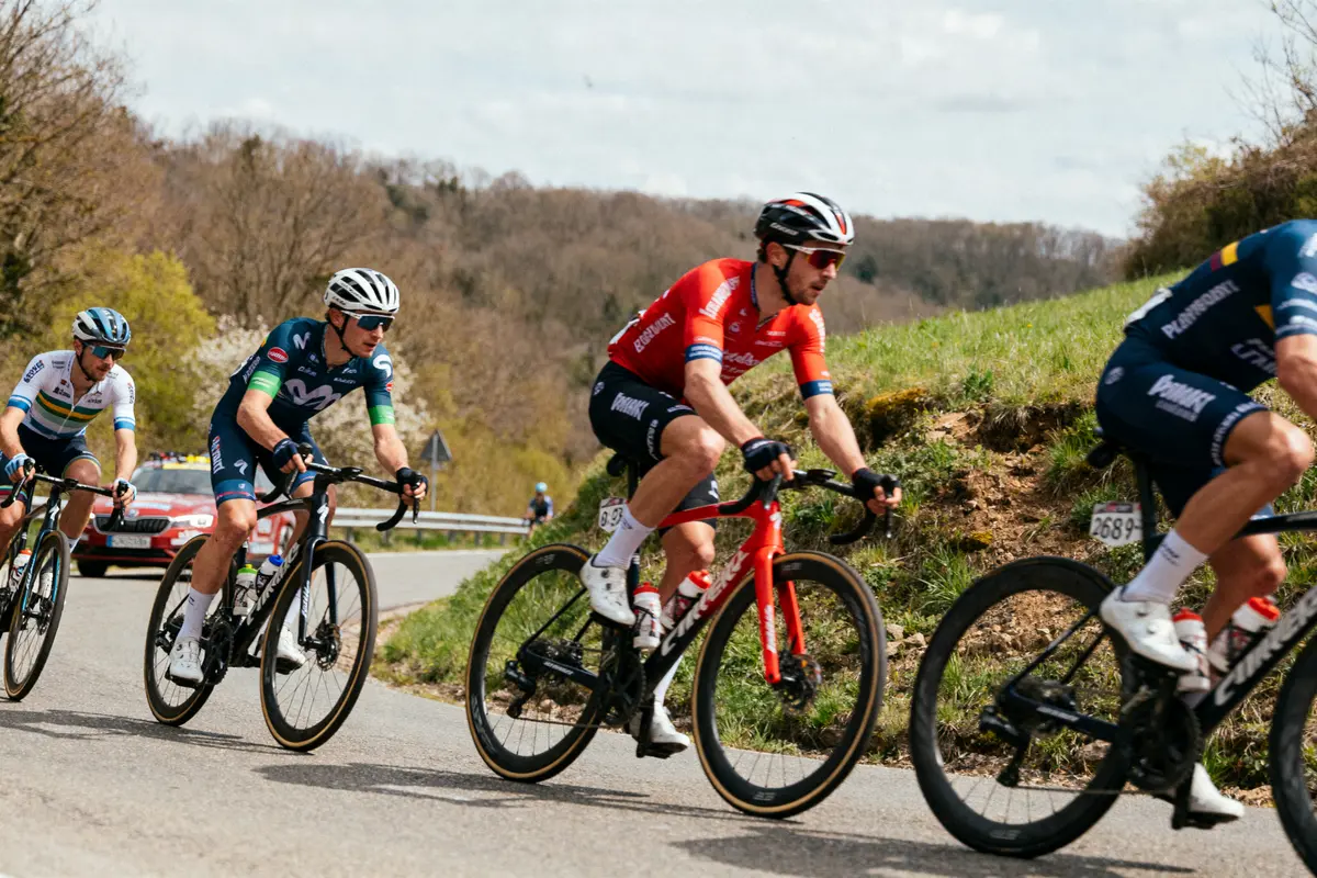 Cyclistes en course sur route sinueuse, entourés de verdure et de voitures suiveuses.