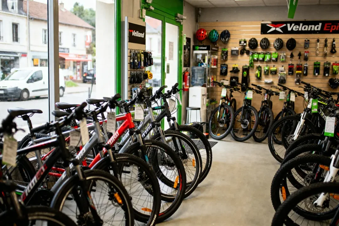Magasin de vélos avec plusieurs modèles exposés, équipements de cyclisme accrochés au mur.