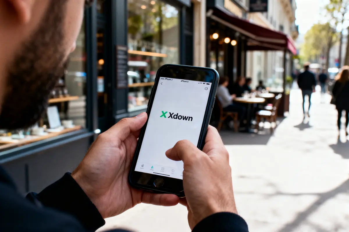 Personne tenant un téléphone affichant "Xdown" devant un café en terrasse, rue animée.