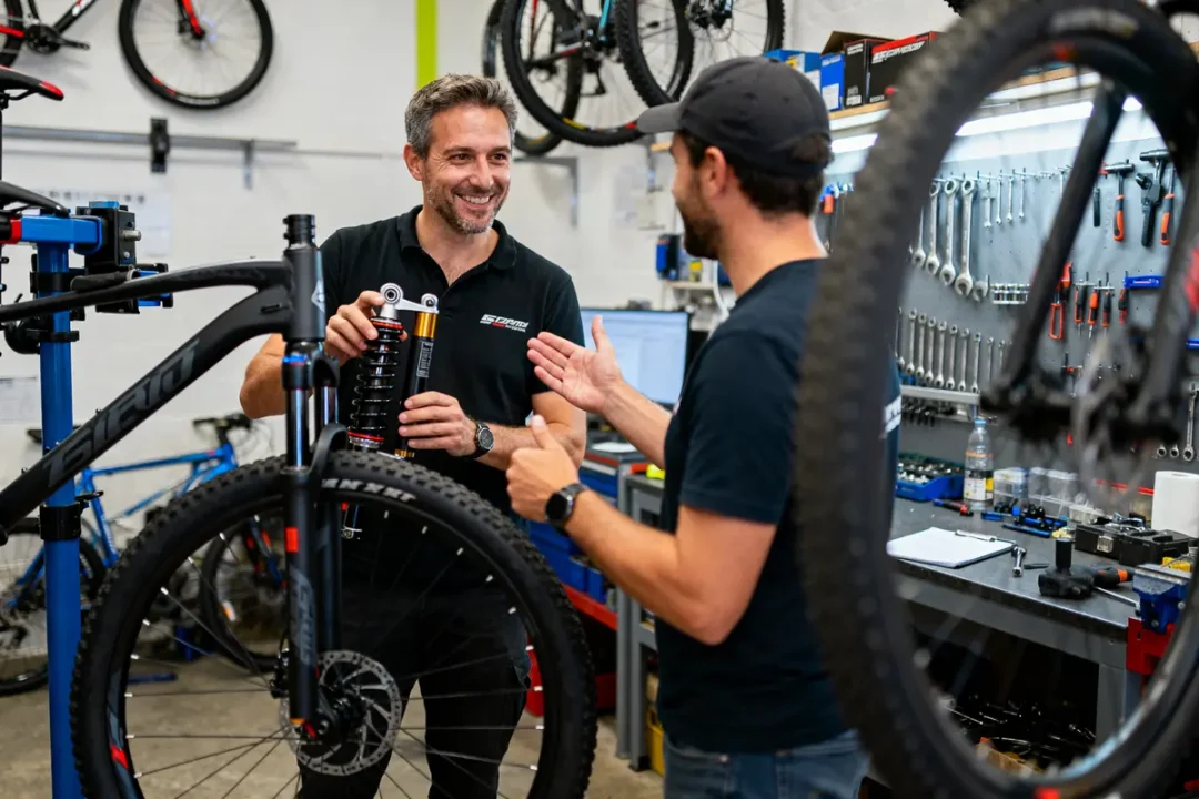 Deux hommes discutent dans un atelier de réparation de vélos, entourés d'outils et de vélos suspendus.
