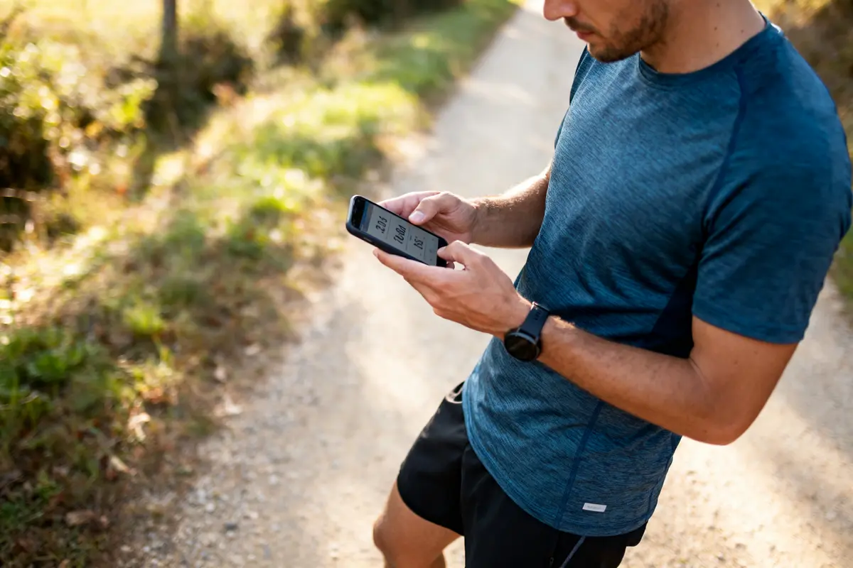 Homme en tenue de sport vérifiant son smartphone lors d'une course sur un chemin forestier.