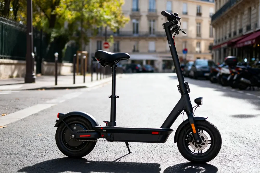 Trottinette électrique noire stationnée dans une rue urbaine ensoleillée avec des immeubles en arrière-plan.