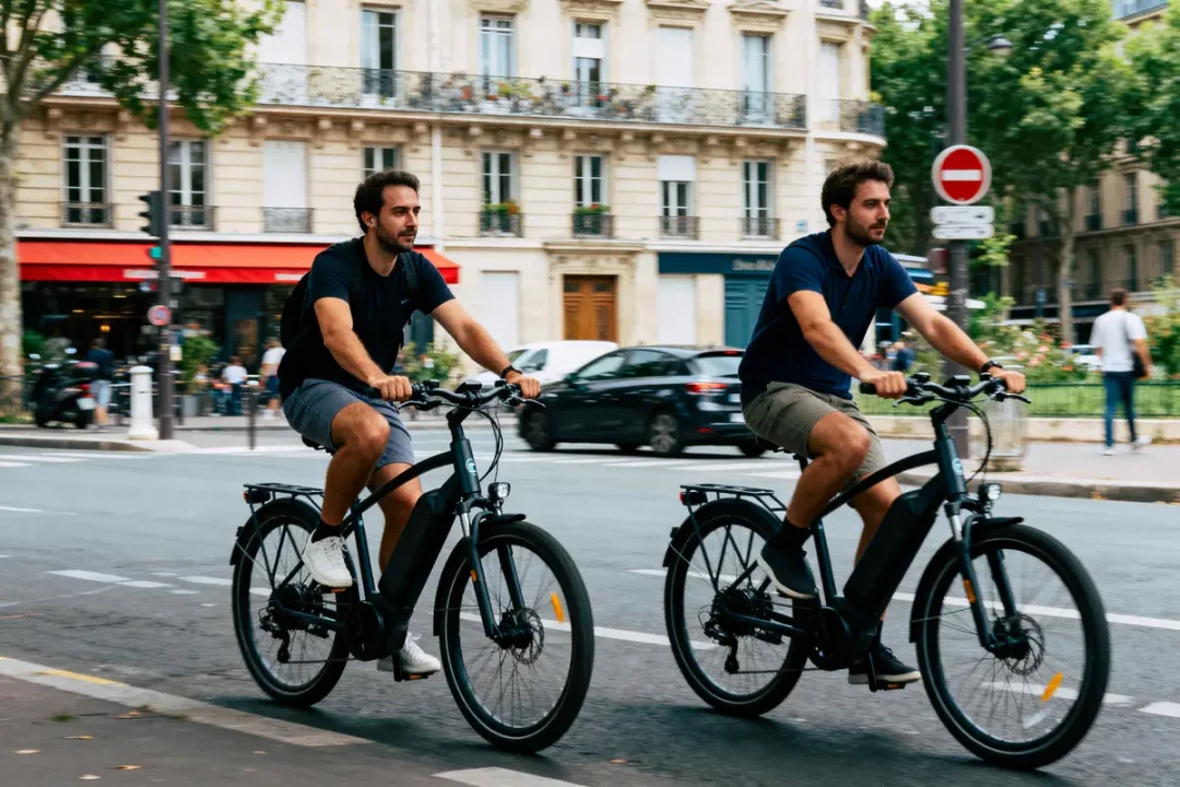 Deux hommes faisant du vélo électrique en ville, devant un café parisien.
