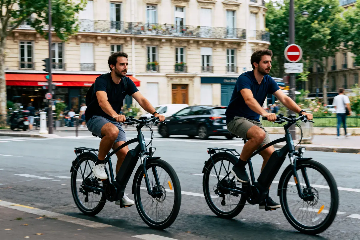 Deux hommes faisant du vélo électrique en ville, devant un café parisien.