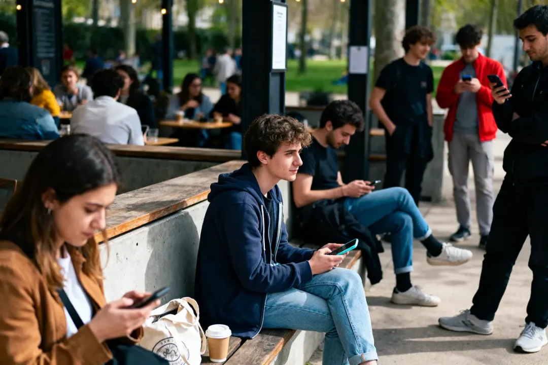 Groupe de jeunes utilisant des smartphones, assis et debout dans un espace extérieur avec tables et bancs.