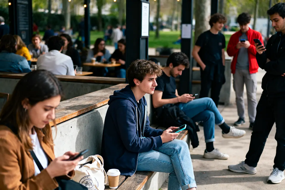Groupe de jeunes utilisant des smartphones, assis et debout dans un espace extérieur avec tables et bancs.