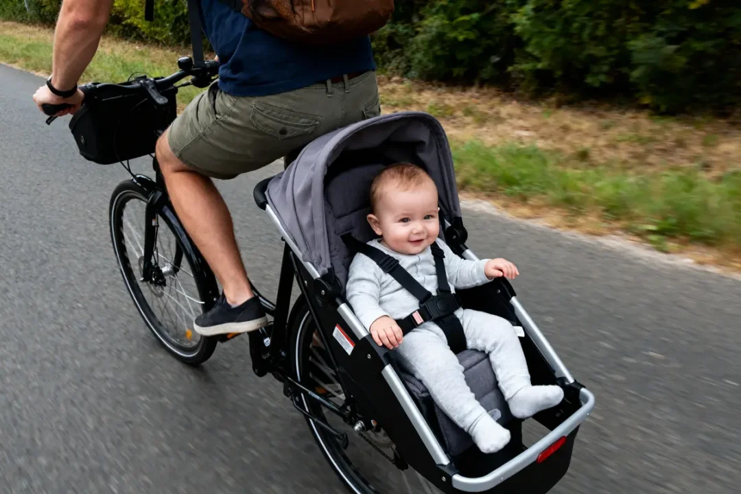Un homme à vélo transporte un bébé souriant dans un siège remorque sur la route, verdure en arrière-plan.