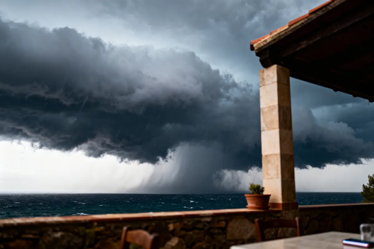 Terrasse surplombant océan avec ciel orageux et nuages menaçants, ambiance dramatique et sombre.