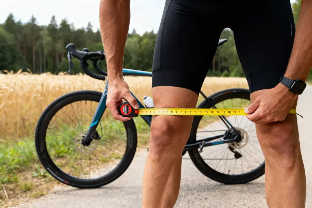 Cycliste mesure sa cuisse avec un mètre ruban, vélo et champ en arrière-plan.