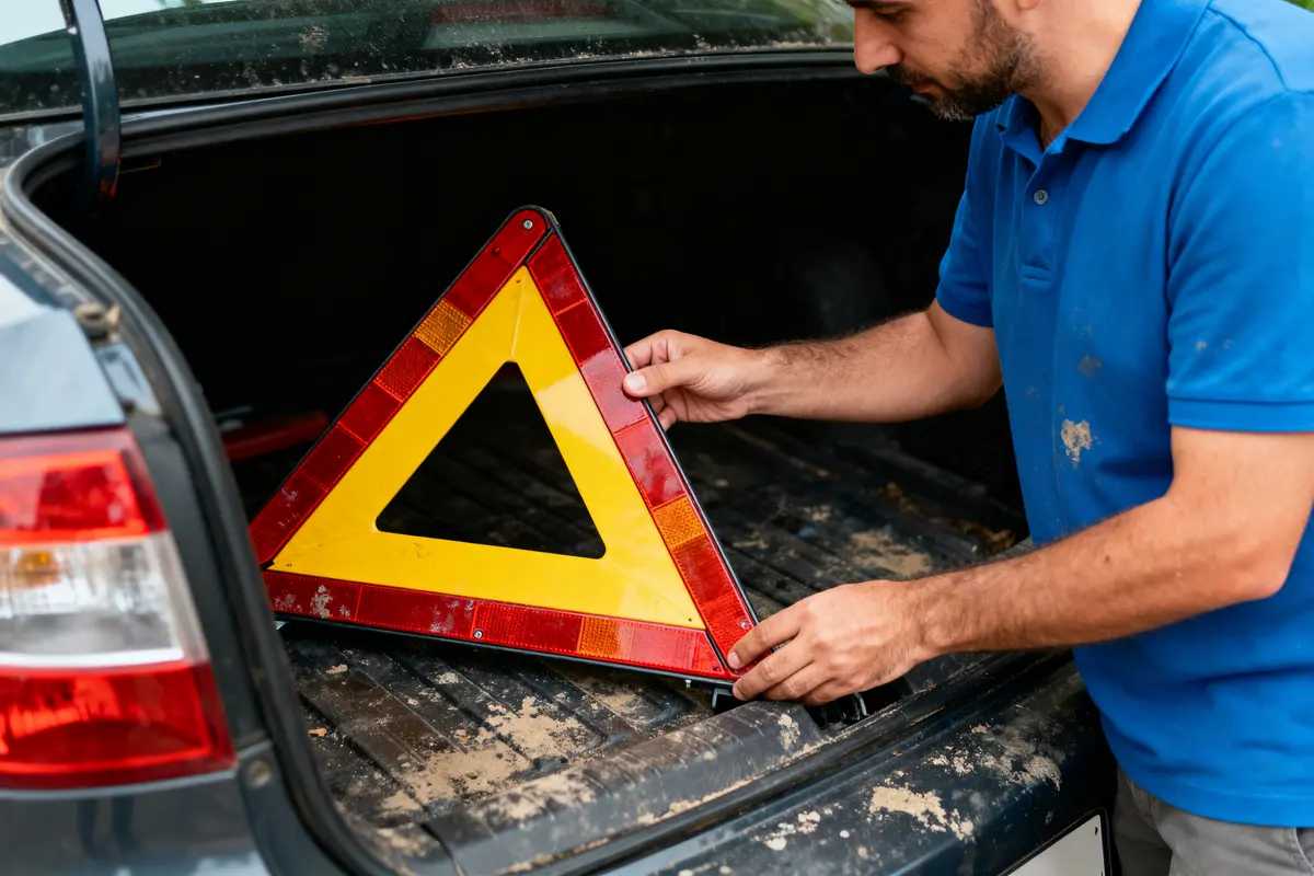 Homme plaçant un triangle de signalisation dans le coffre d'une voiture.