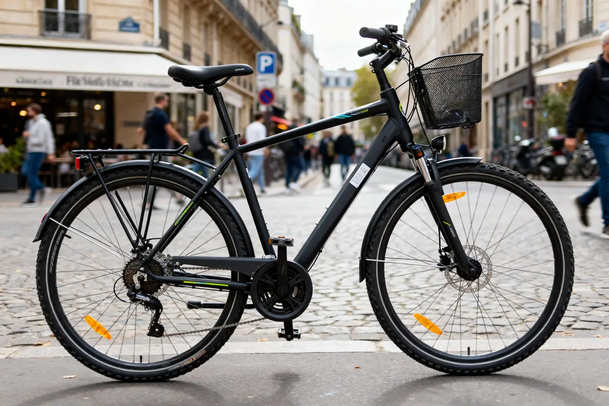Vélo noir Ridden Bike garé sur une rue pavée animée en ville