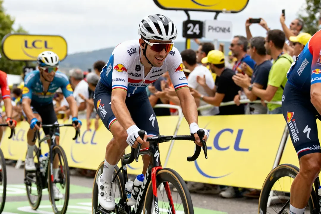 Cyclistes en compétition avec spectateurs applaudi Tour d'Espagne 2024 direct en arrière-plan