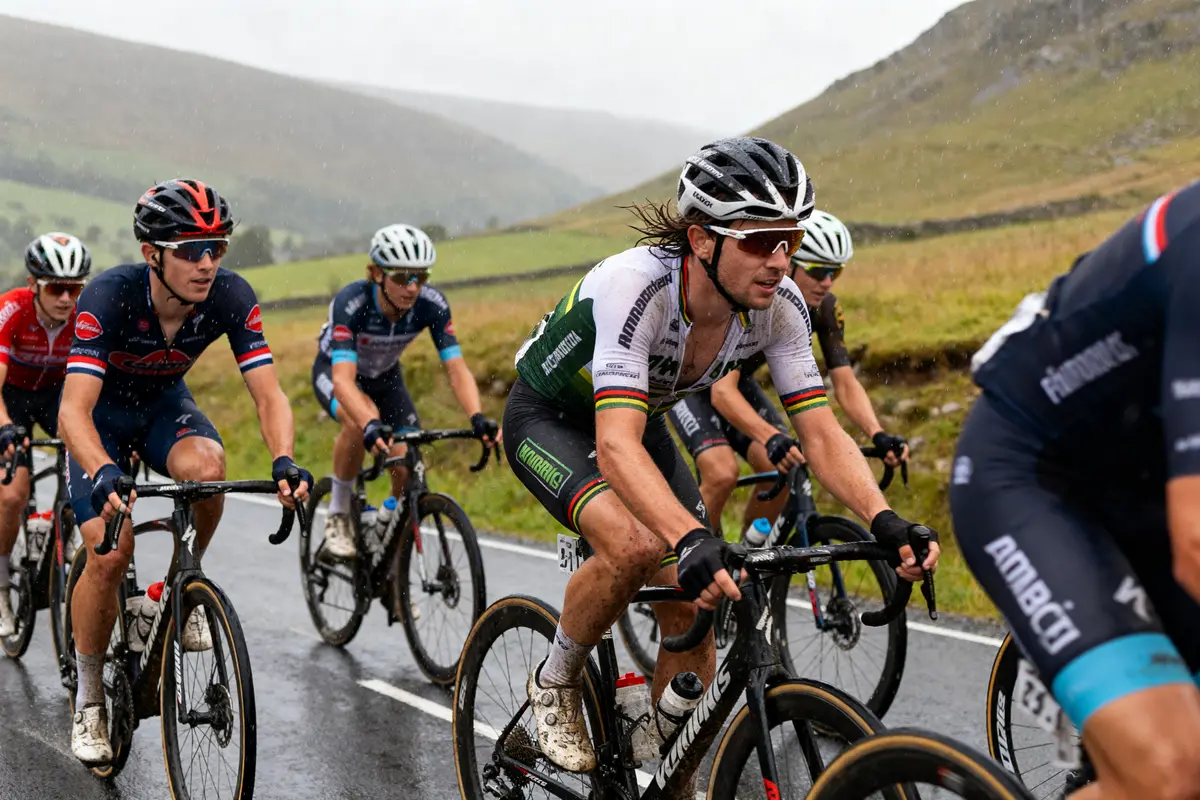 Cyclistes sous la pluie dans le Tour de Grande Bretagne sur route montagneuse humide