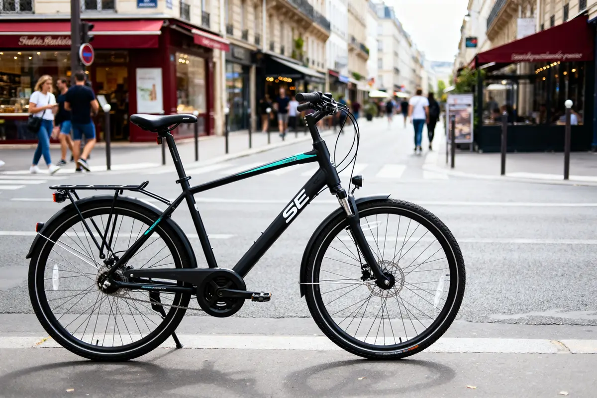 Vélo noir SE devant commerces urbains bike se bike en rue animée Paris