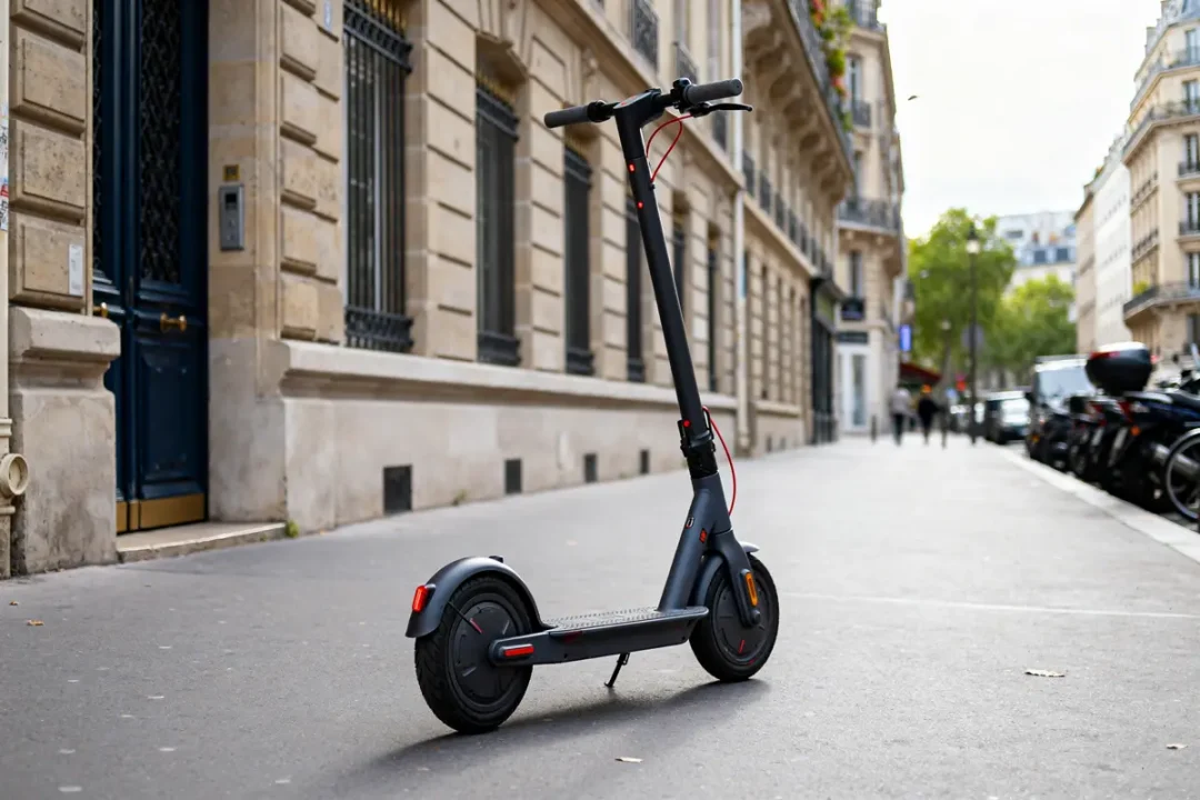 Draisienne electrique adulte noire stationnée sur un trottoir parisien vide et calme