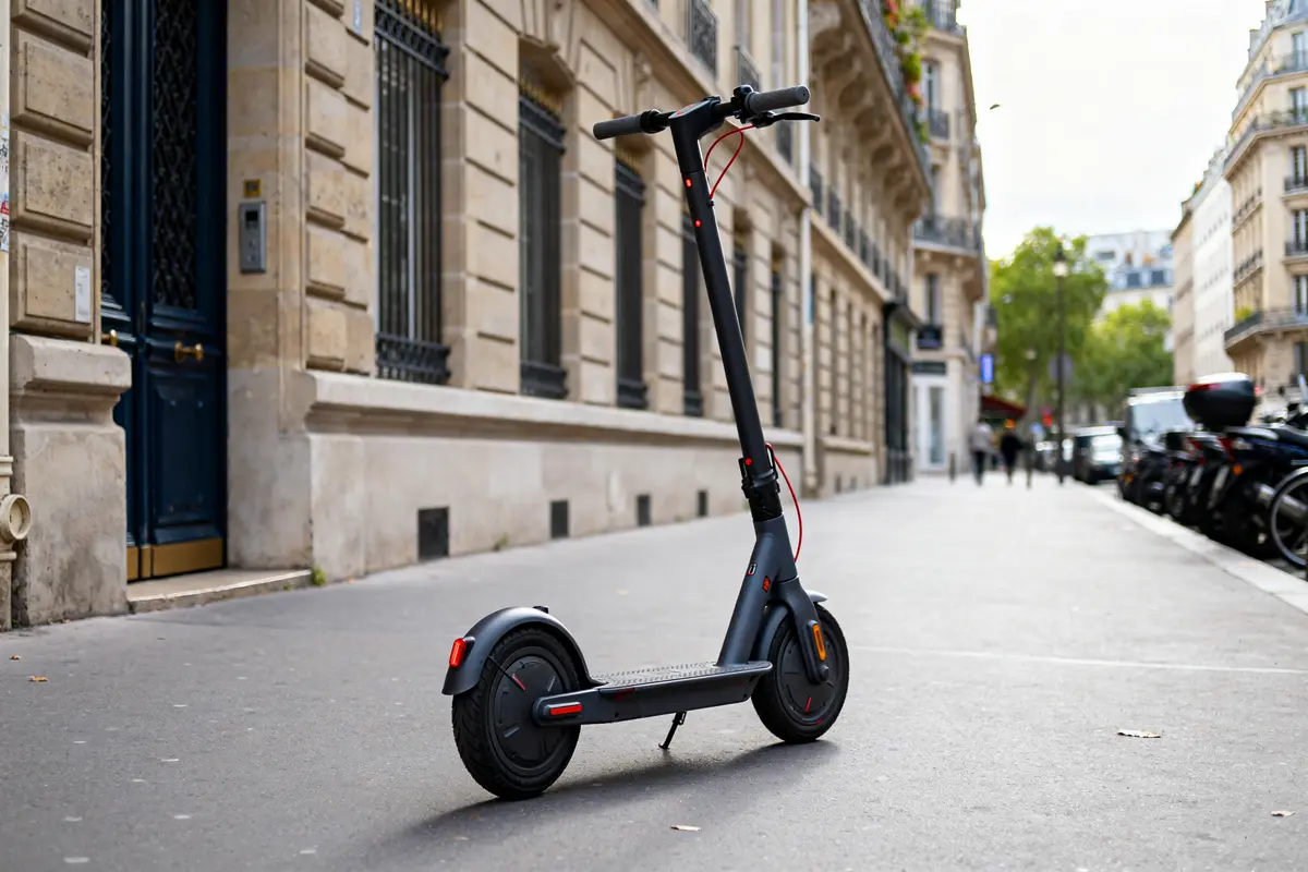 Draisienne electrique adulte noire stationnée sur un trottoir parisien vide et calme