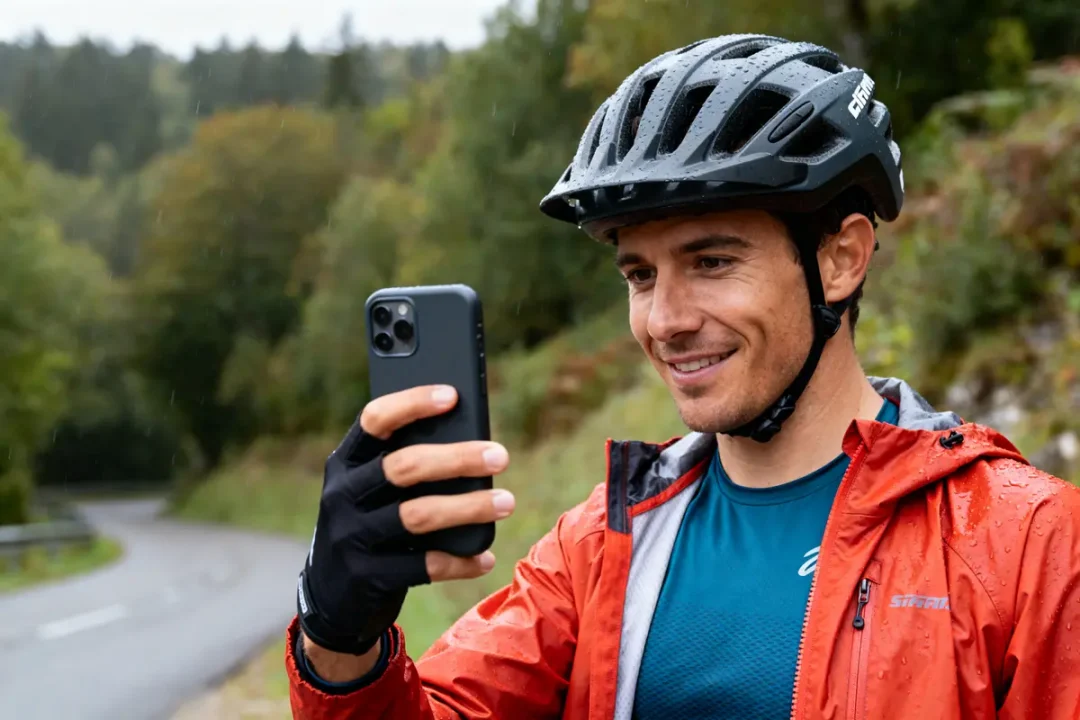 Cycliste vérifiant son téléphone sous la pluie, portant équipement VTT et casque noir
