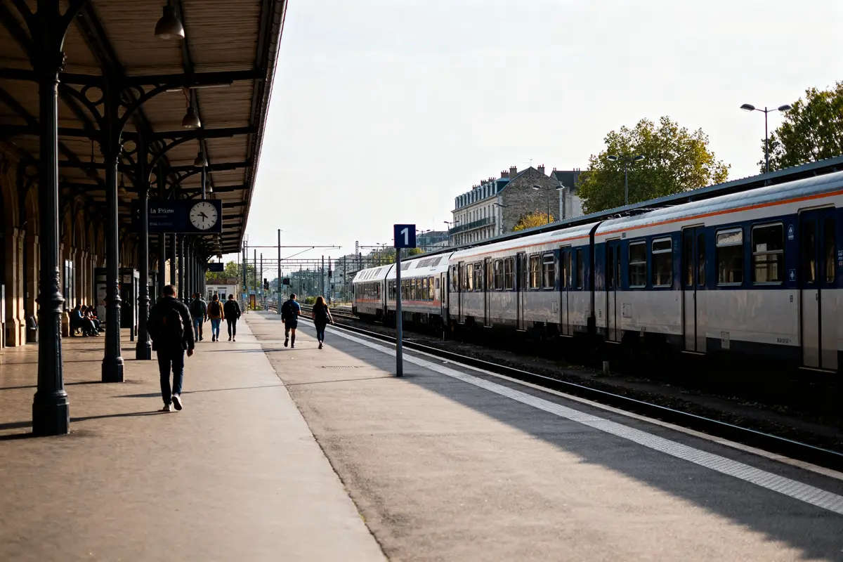 Gare avec train sur l'esplanade de la gare, passants et horloge visibles sur le quai