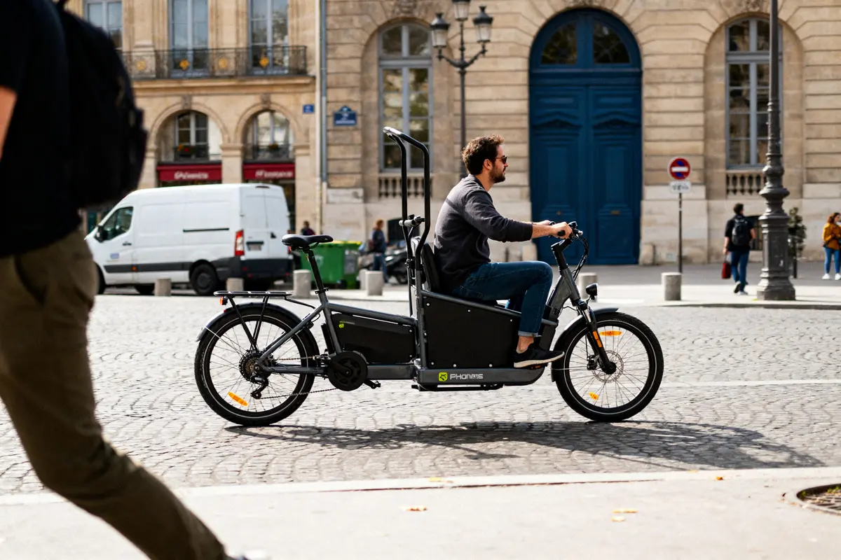 Homme conduisant un velo electrique biplace sur une place pavée en ville