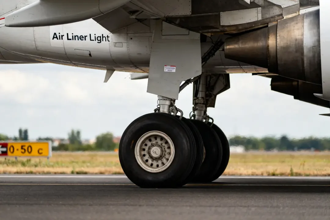 Train d'atterrissage d'un Air Liner Light sur piste aéroportuaire en gros plan