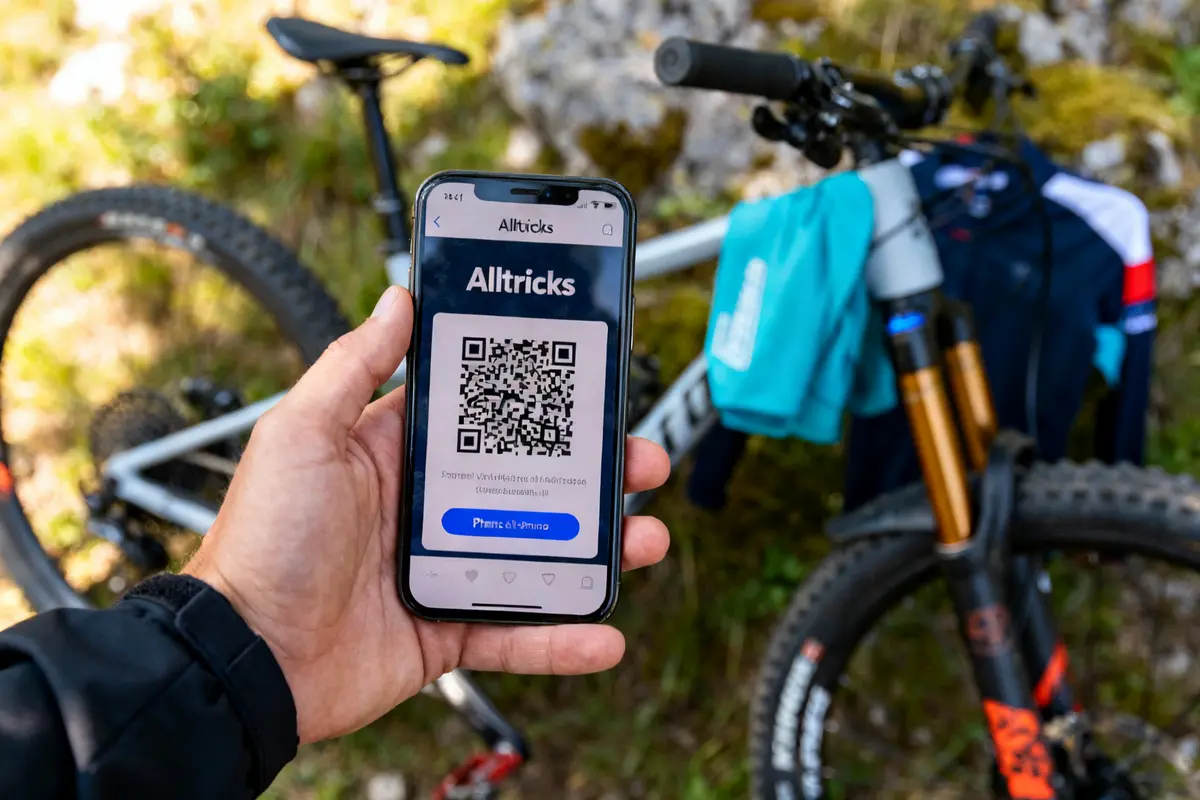 Main tenant un smartphone affichant un QR code Alltricks code promo devant un vélo