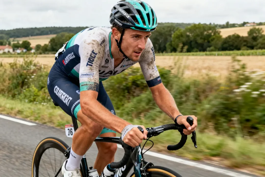 Cycliste professionnel Bennett Sam en pleine course sur une route rurale.