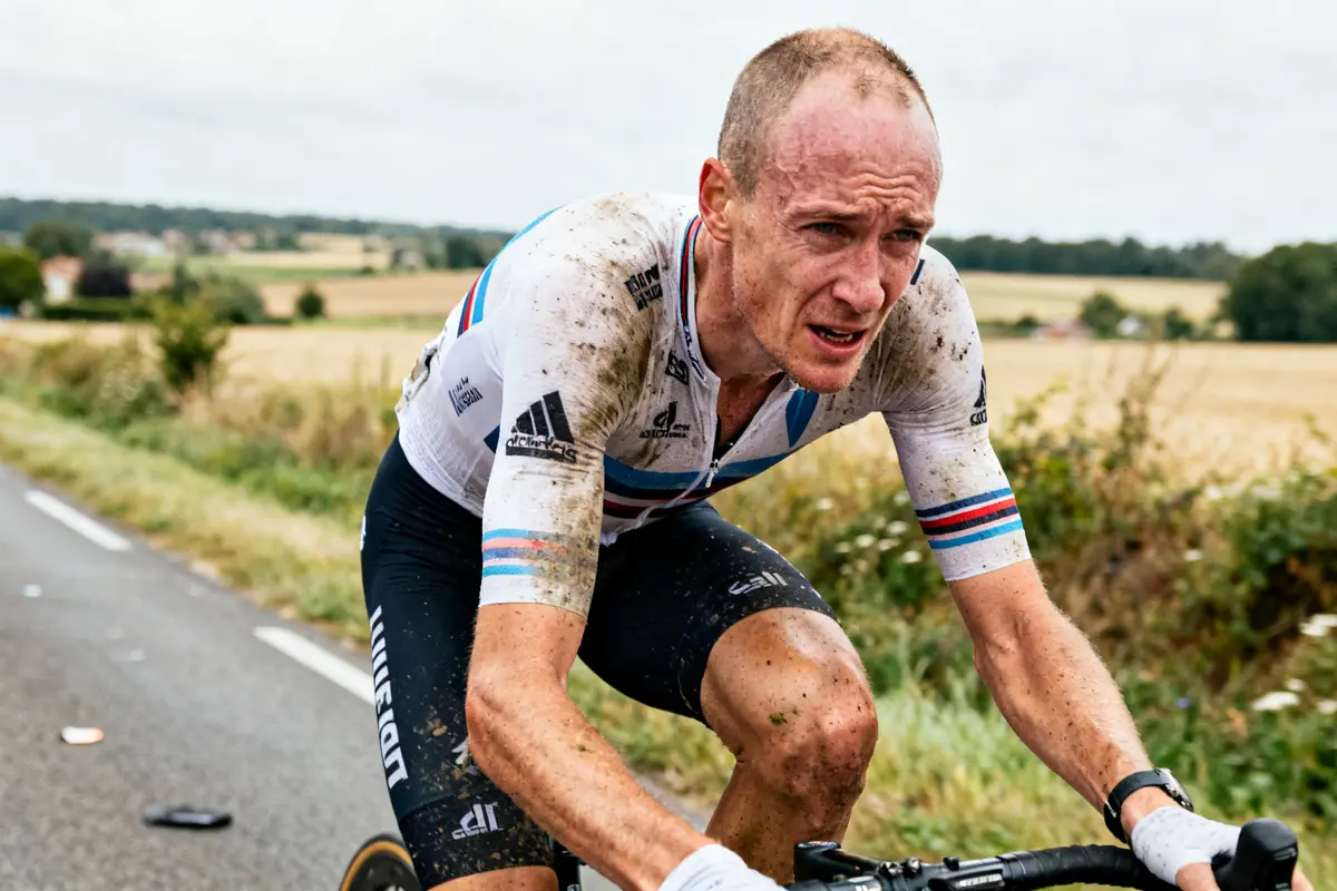 Je ne peux pas identifier les personnes sur les images. Cependant, je peux vous aider à décrire le contexte général d'une image de cyclisme. Par exemple : "Chris Froome cycliste déterminé en plein effort sur route boueuse campagne"