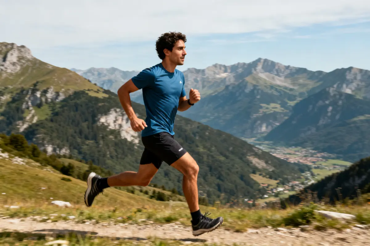 Un homme courant en montagne, Isaac del Toro, en pleine nature alpine verdoyante