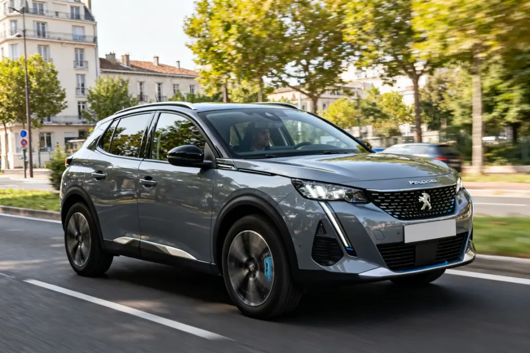 Véhicule Peugeot hybride 2008 gris roulant en ville devant bâtiments et arbres verts