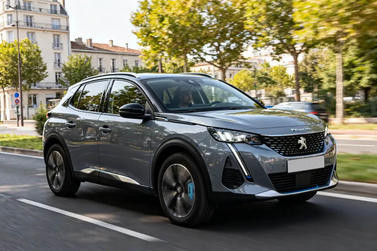 Véhicule Peugeot hybride 2008 gris roulant en ville devant bâtiments et arbres verts