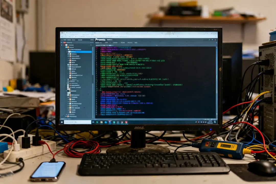 Écran affichant des lignes de code Promisc sur un bureau encombré de câbles и appareils