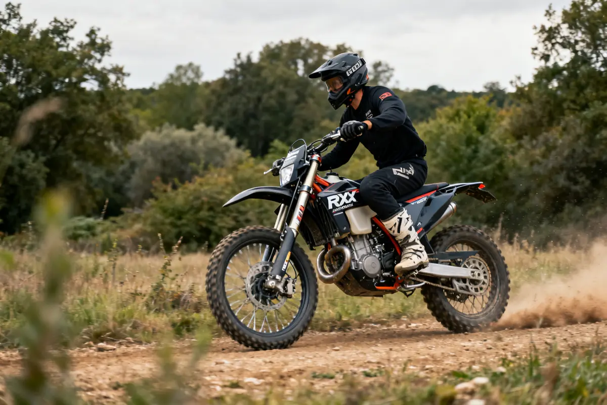 Motard en action sur une moto RXF dans un paysage naturel