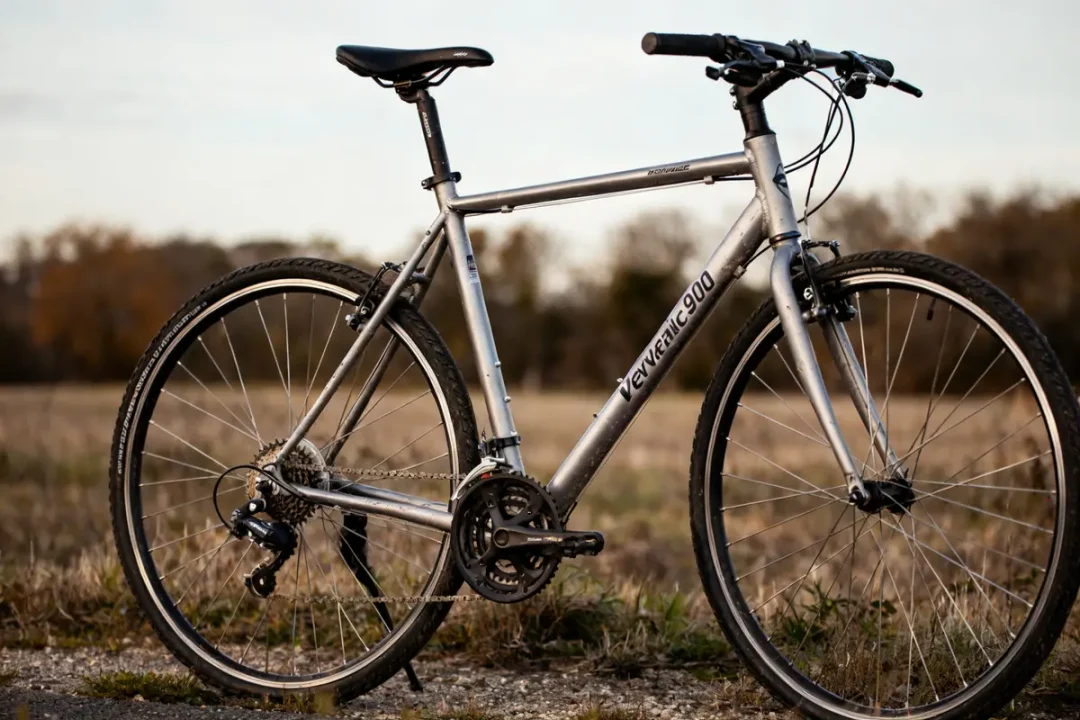 Vélo Riverside 900 gris dans un champ ensoleillé avec herbe sèche et ciel bleu