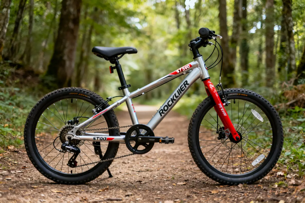 Vélo Rockrider ST 500 en forêt sur chemin terre battue entouré d'arbres verts