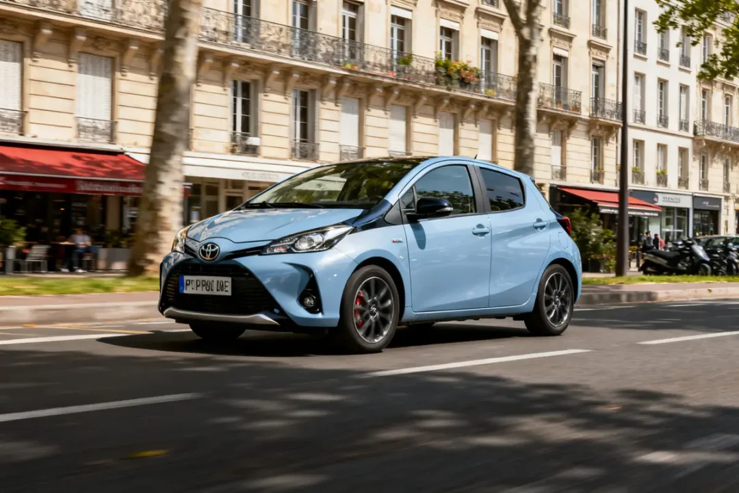 Toyota Yaris 2025 bleu roulant en ville devant bâtiments haussmanniens et cafés parisiens