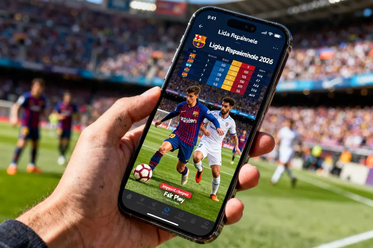 Main tenant un smartphone affichant un match et classement Espagne de football sur écran