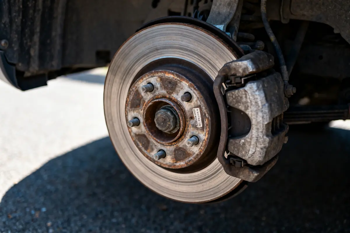 Gros plan sur un disque de frein usé avec étrier rouillé monté sur voiture.