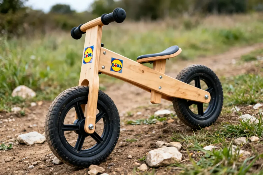 Draisienne Lidl en bois sur chemin de terre avec herbe et pierres