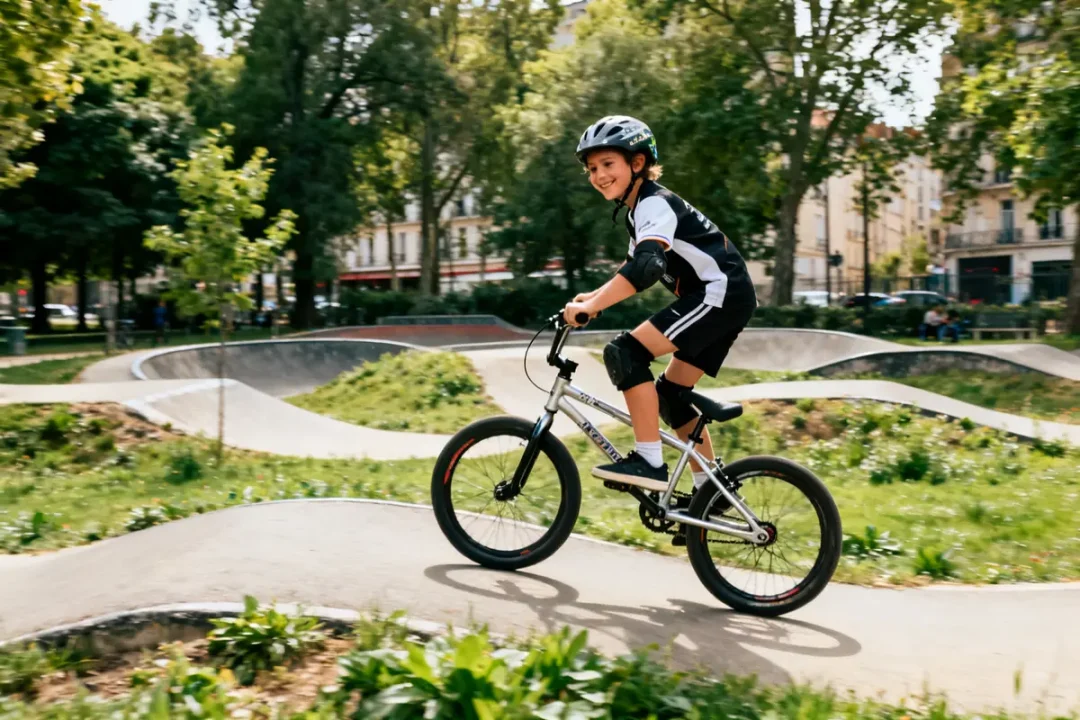 Enfant souriant en BMX sur piste sinueuse dans un parc verdoyant en été