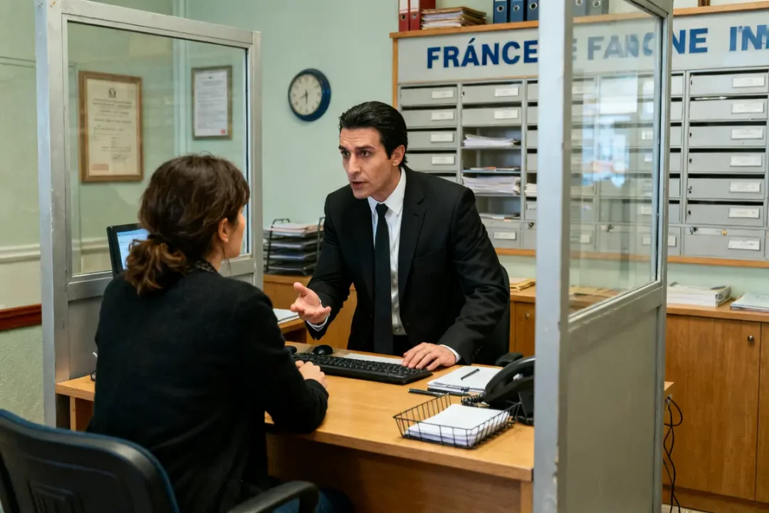 Agent en costume discutant sérieusement avec une femme dans un bureau, ambiance fake agent
