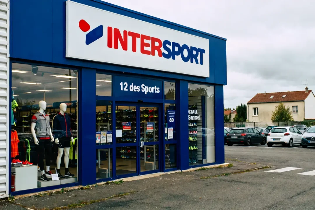 Façade du magasin Intersport Vernon avec mannequins et équipements sportifs en vitrine