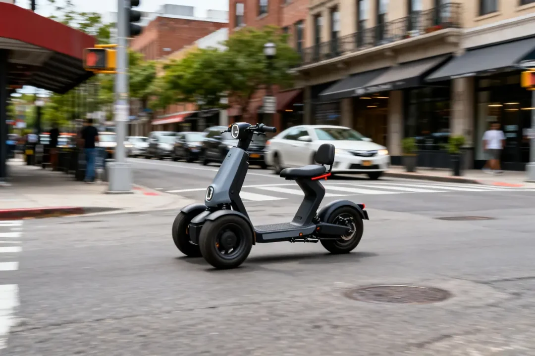 Scooter 3 roues électrique circulant en ville sur une route animée