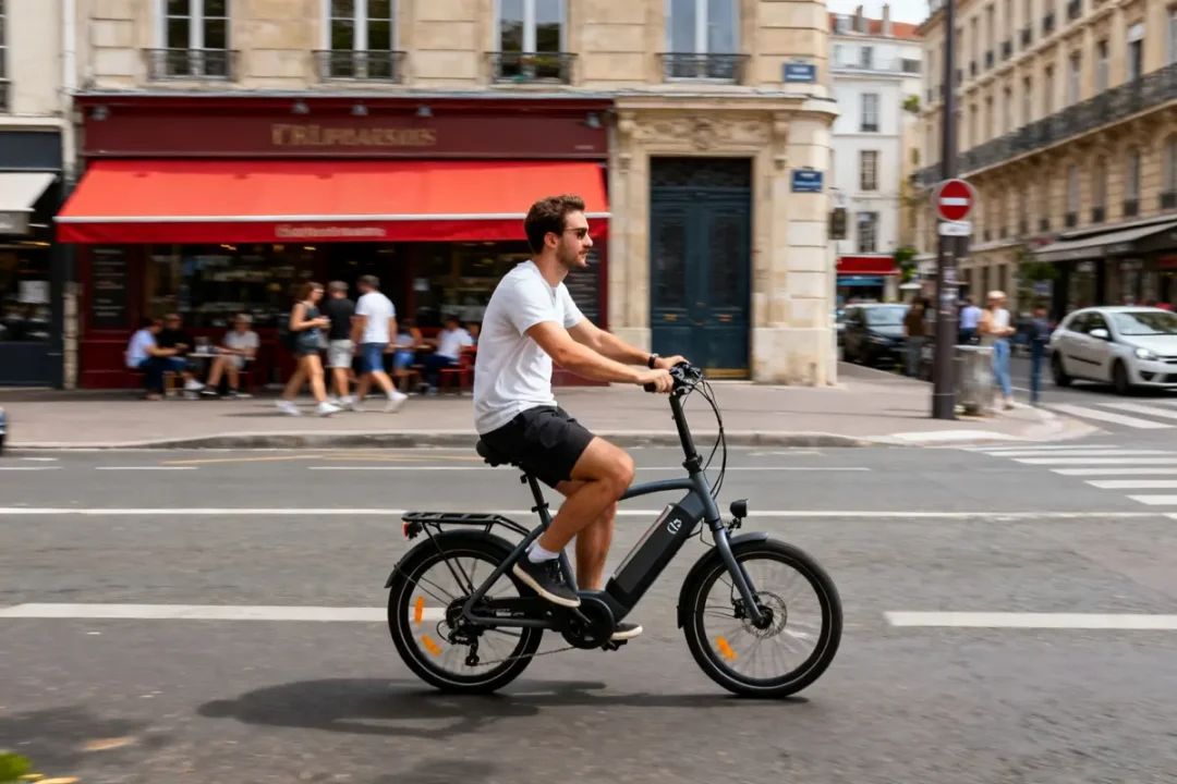 Homme circulant en ville sur un velo Elops devant un café animé en arrière-plan