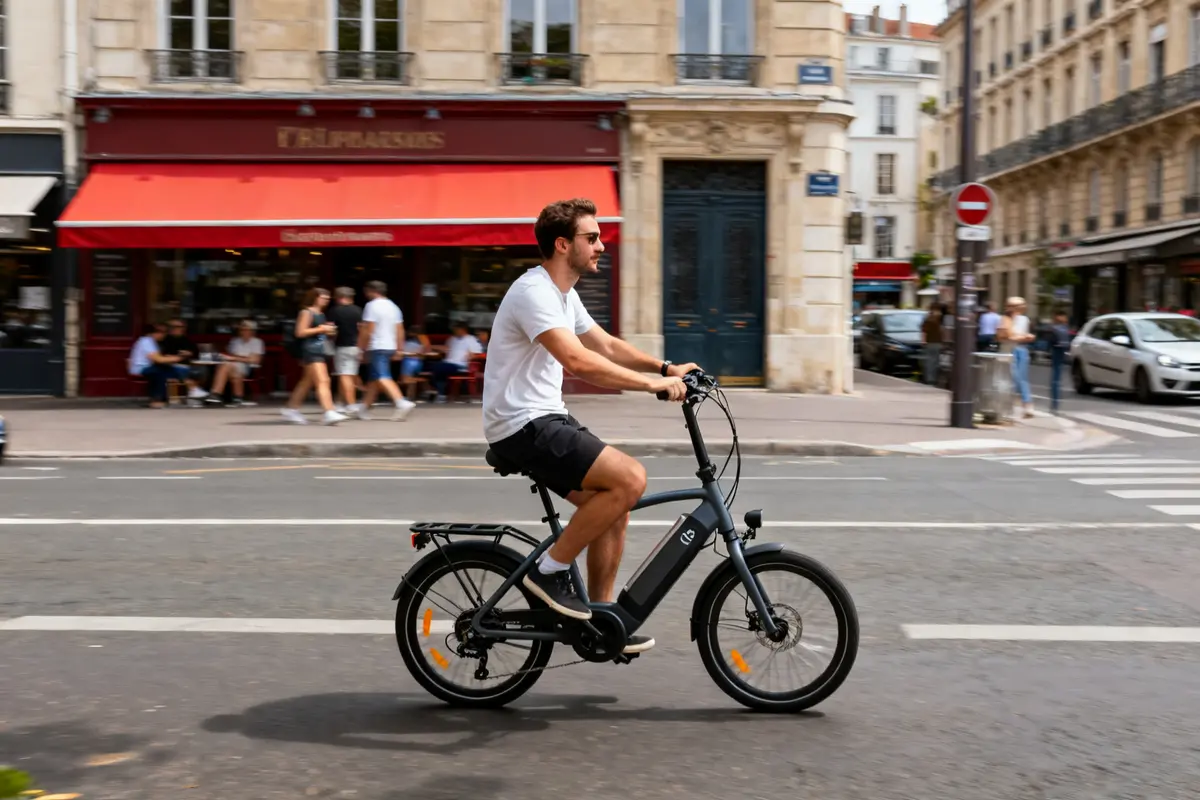 Homme circulant en ville sur un velo Elops devant un café animé en arrière-plan