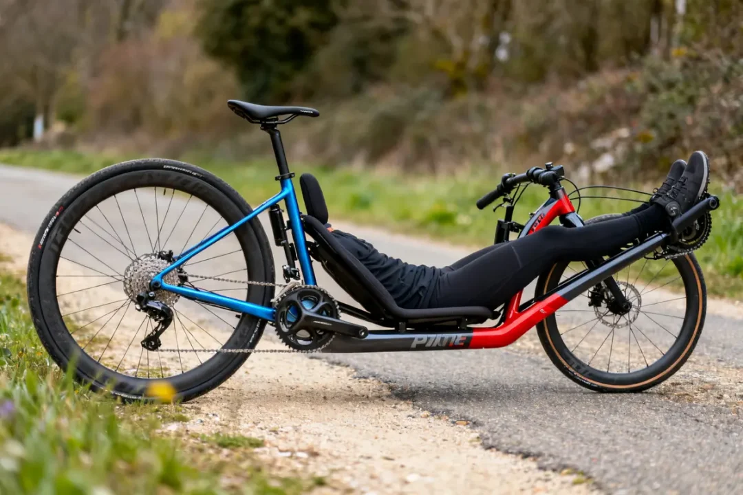 Personne allongée sur un vélo couché bleu et rouge sur une route de campagne