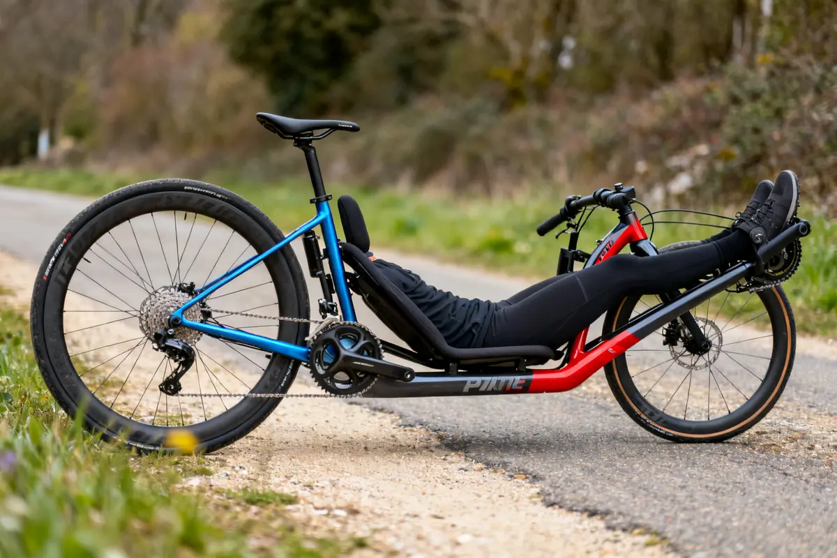 Personne allongée sur un vélo couché bleu et rouge sur une route de campagne