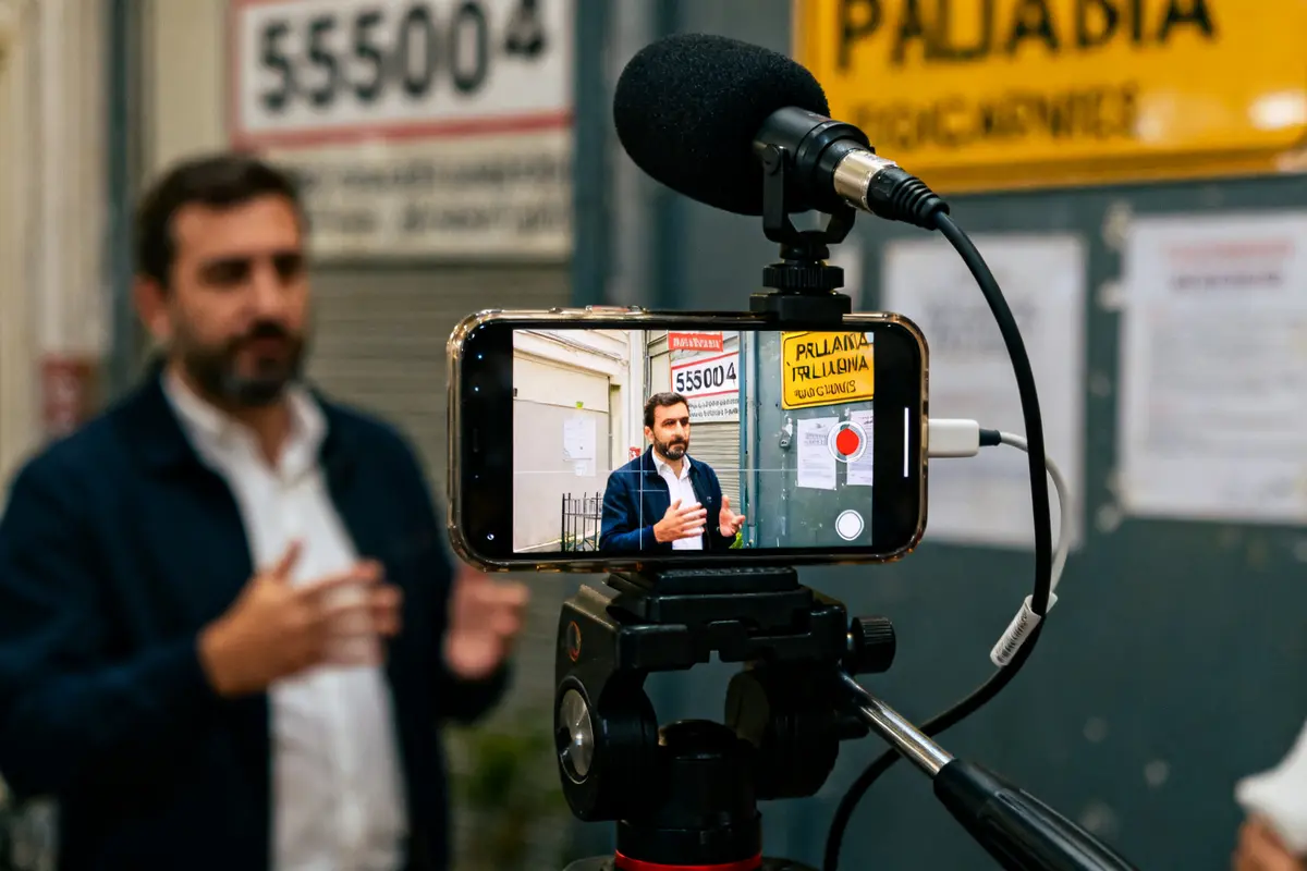 Personne filmée discutant devant un smartphone pour video one avec micro attaché sur trépied