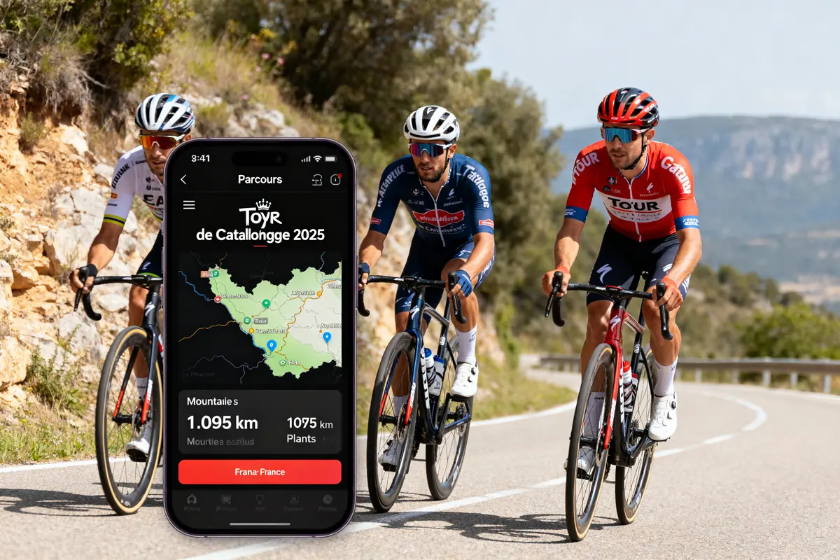 Cyclistes sur route avec carte du parcours du Tour de Catalogne 2025 affichée手机